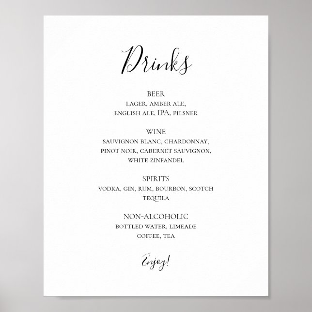 Póster Rótulo de menú de bebidas de bodas simple y elegan (Frente)