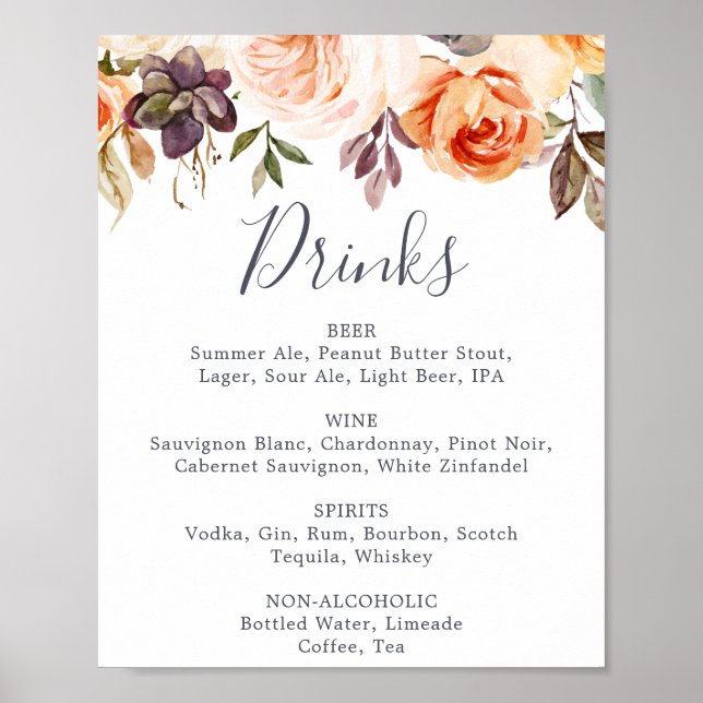 Póster Rótulo de menú de bebidas para Bodas Rustic Earth  (Frente)
