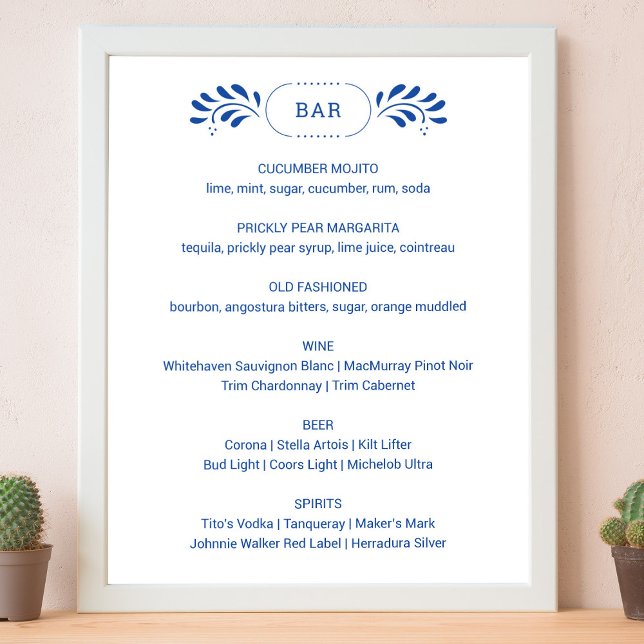 Póster Rótulo de menú del bar Boda azul estilo Puebla (Puebla Style Blue Wedding Bar Menu Sign by Fiesta Valley Print)