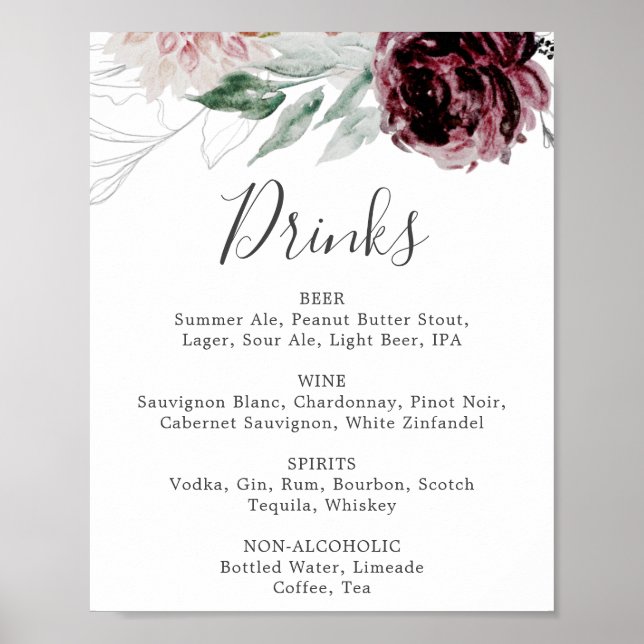 Póster Rótulo de menú Floral Romance Boda Bebidas (Frente)