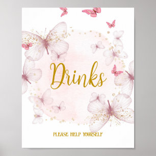 Póster Rótulo de mesa de bebidas de cumpleaños rosadas y