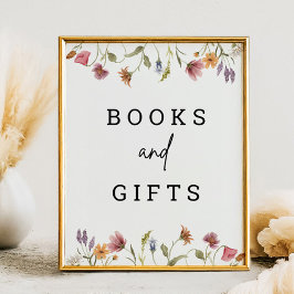 Póster Rótulo de mesa de libros y regalos de flores silve