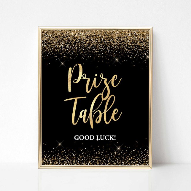 Póster Rótulo de mesa de premios Confetti Purpurina negro (Prize Table Shower Sign, Black & Gold Glitter Confetti 2 Theme, Bridal Shower Sign)