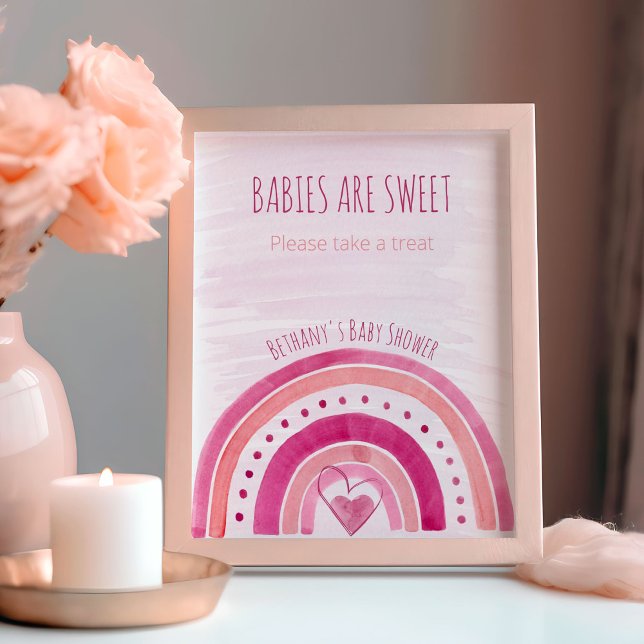 Póster Rótulo de mesa favorita Baby Shower rosa arcoiris (Rainbow baby shower favor table sign - babies are sweet, please take a treat - fully editable)