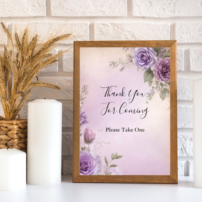 Póster Rótulo de mesa favorita de ducha de novia morada c (Purple watercolor floral Bridal Shower Wedding Shower Favor table sign)