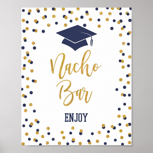 Póster Rótulo de Nacho Bar Navy & Gold Graduation Party (Frente)
