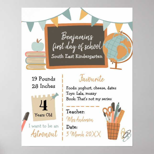 Póster Rótulo de niño primer día de kindergarten (Frente)