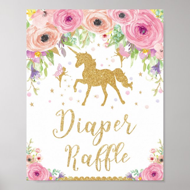 Póster Rótulo de pañales de unicornio y hadas Baby Shower (Frente)