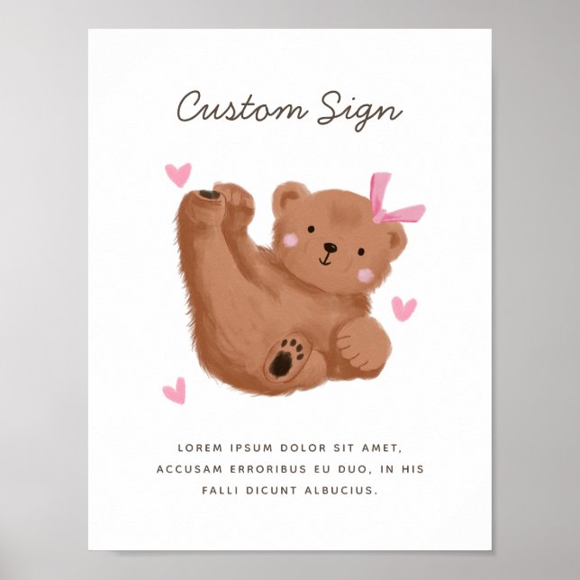 Póster Rótulo de Personalizado de Baby Shower rosa de oso (Frente)