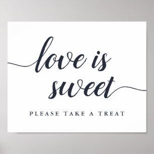 Póster Rótulo de postre Boda de caligrafía blanca y marin