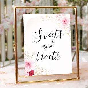 Póster Rótulo de postre de ducha con flores de oro rosa