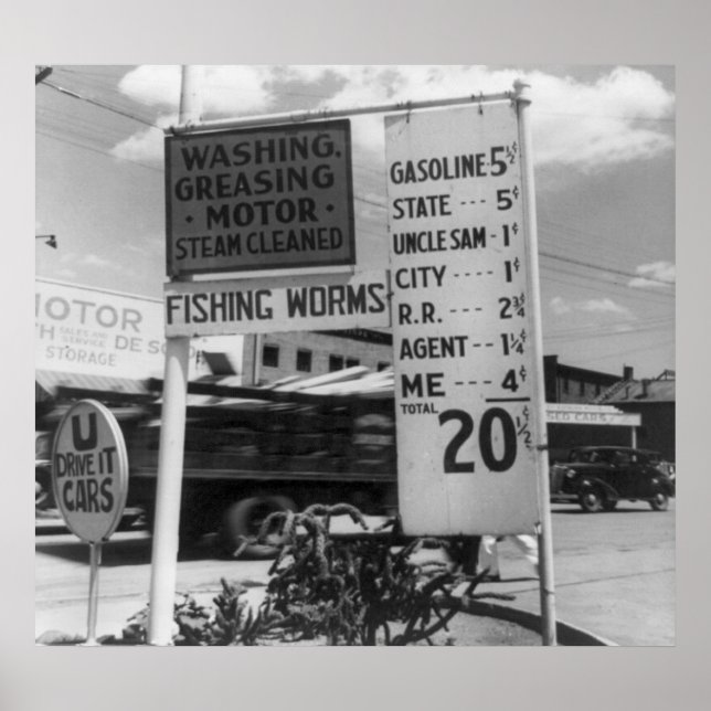 Póster Rótulo de precios de gasolineras: 1928 (Frente)