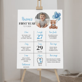 Póster Rótulo de primer cumpleaños de Blue Teddy Bear