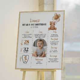 Póster Rótulo de primer cumpleaños de Brown Teddy Bear