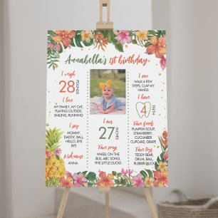 Póster Rótulo de primer cumpleaños de floral tropical