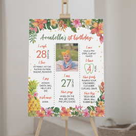 Póster Rótulo de primer cumpleaños de floral tropical
