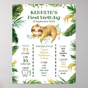 Póster Rótulo de primer cumpleaños de Tropical Boy Sloth