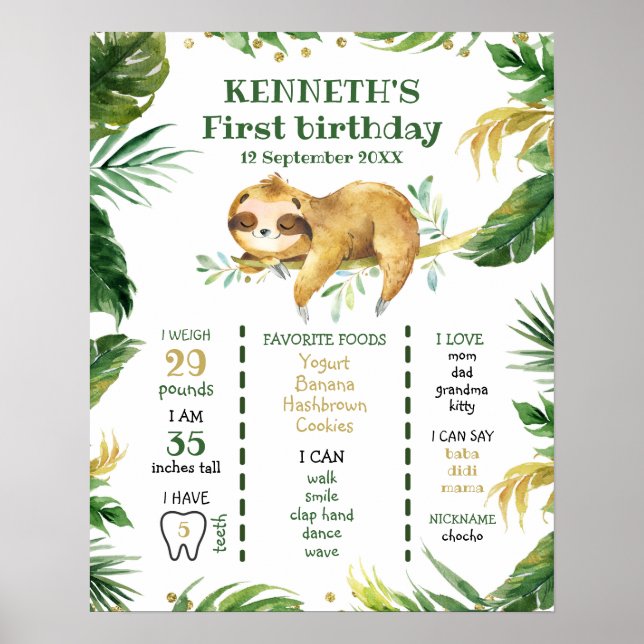 Póster Rótulo de primer cumpleaños de Tropical Boy Sloth (Frente)
