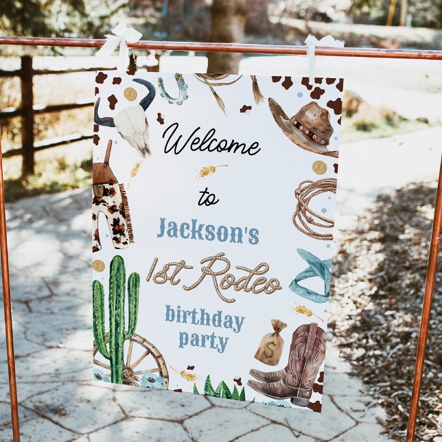 Póster Rótulo de primer cumpleaños del primer rodeo occid (Editable Boys First Rodeo 1st Birthday Welcome Sign, Cowboy Birthday Party Welcome Poster, Western)