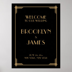 Póster Rótulo de recepción de boda Art Deco Negro de 18" 
