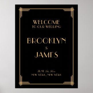 Póster Rótulo de recepción de boda Art Deco Negro de 18"