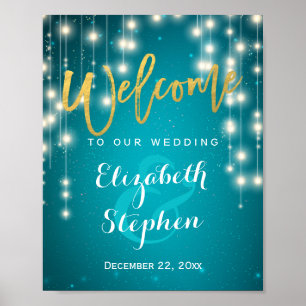 Póster Rótulo de recepción de boda con luces de cadena az