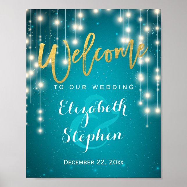 Póster Rótulo de recepción de boda con luces de cadena az (Frente)