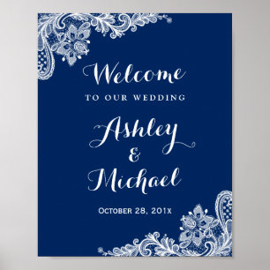 Póster Rótulo de recepción de bodas de lazo blanco azul d