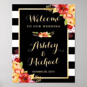 Póster Rótulo de recepción de bodas de otoño rayas floral