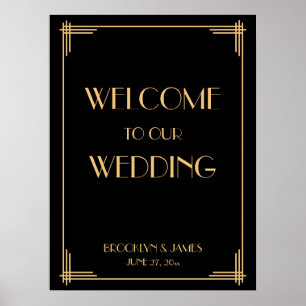Póster Rótulo de recepción de bodas en negro Art Deco