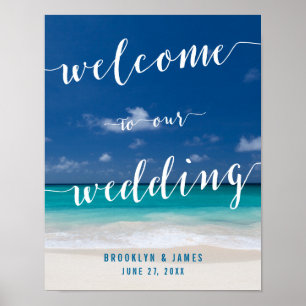 Póster Rótulo de recepción de casamiento de playa de cali
