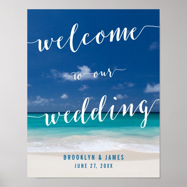 Póster Rótulo de recepción de casamiento de playa de cali (Frente)