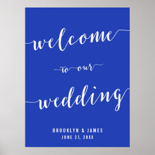Póster Rótulo de recepción de la boda azul real simple