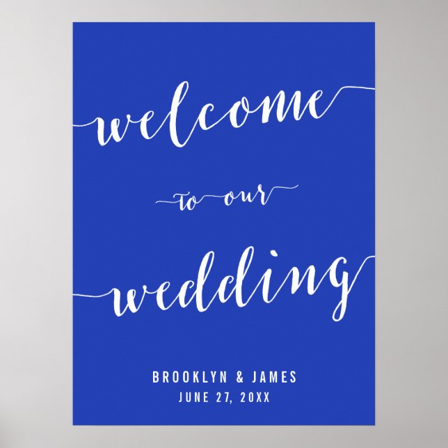 Póster Rótulo de recepción de la boda azul real simple (Frente)