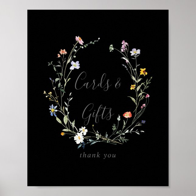 Póster Rótulo de Regalos y Tarjetas Negras Florales Silve (Frente)