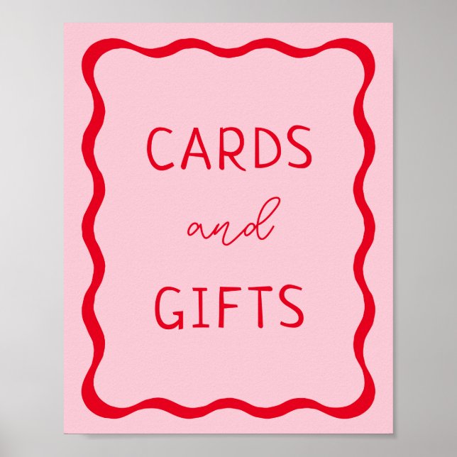 Póster Rótulo de Regalos y Tarjetas Rosa y Ola Roja Retro (Frente)