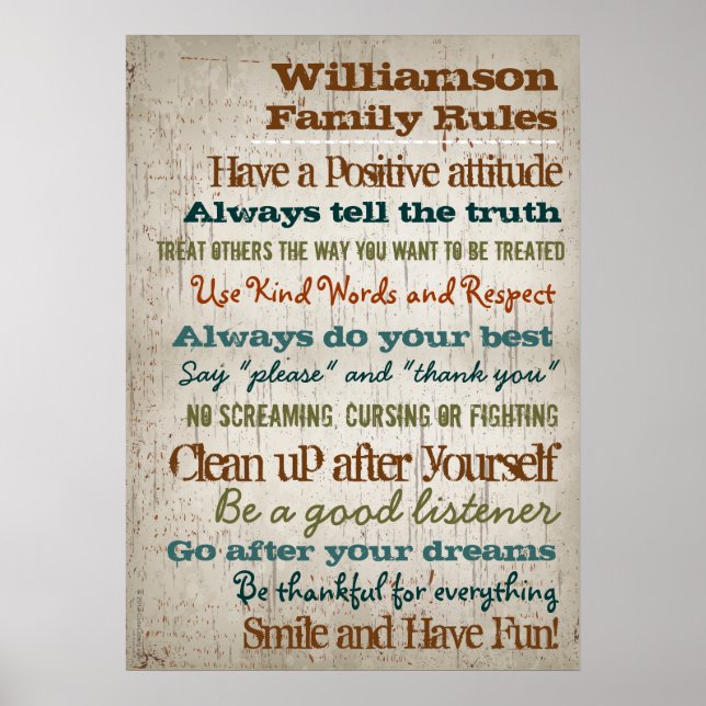 Póster Rótulo de reglas de familia personalizadas (Frente)