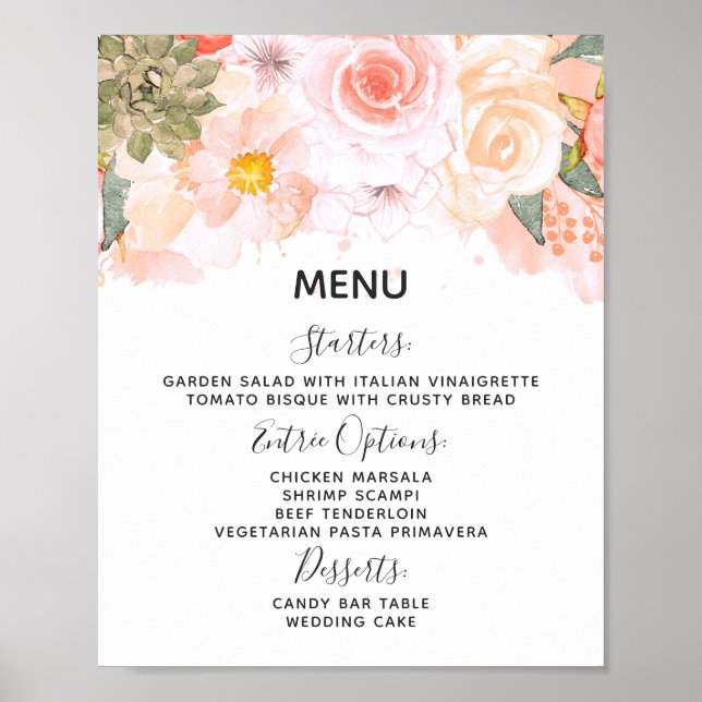 Póster Rótulo de tabla de menú Boda de Peach & Mint Succu (Frente)