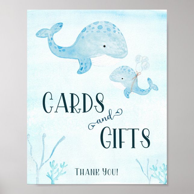 Póster Rótulo de tarjetas Baby Shower de ballena y regalo (Frente)