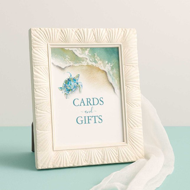 Póster Rótulo de tarjetas de ducha de novia y regalos (teal and blue beach bridal shower cards and gifts sign with sea turtle. Printable or printed)