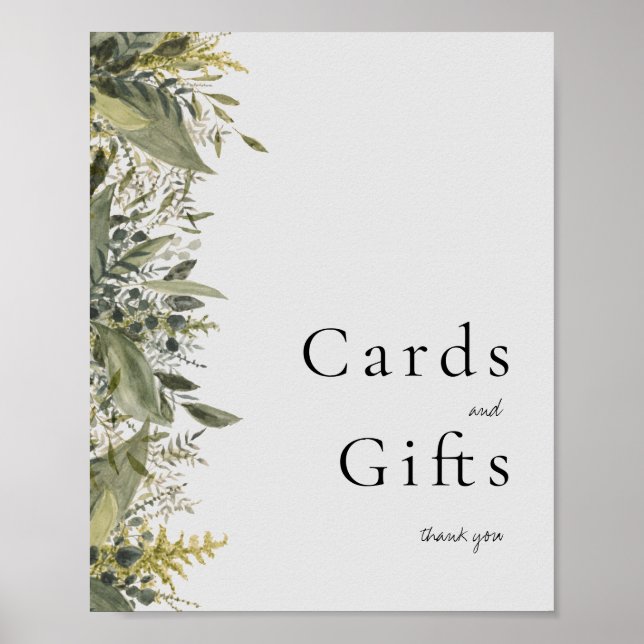 Póster Rótulo de tarjetas de verdor y regalos de acuarela (Frente)