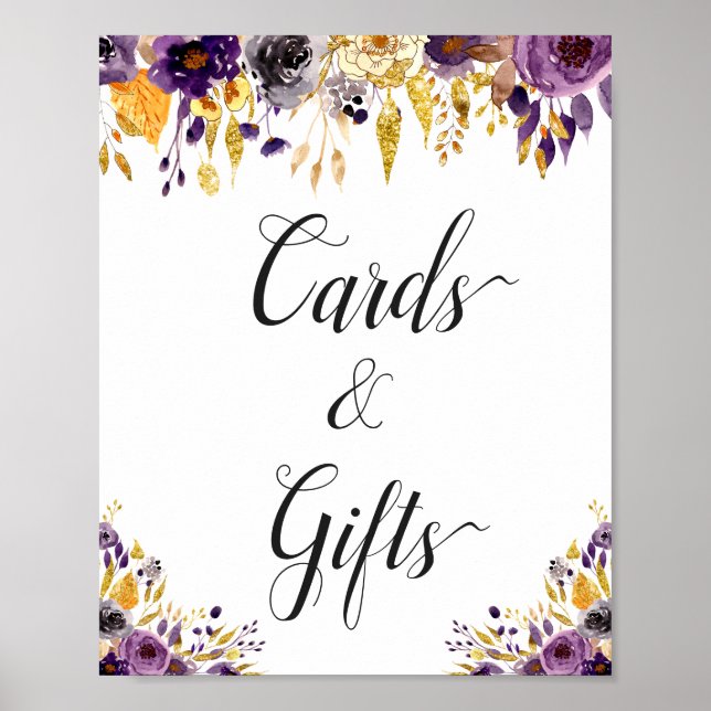 Póster Rótulo de Tarjetas Florales Purple Gold y Regalos (Frente)