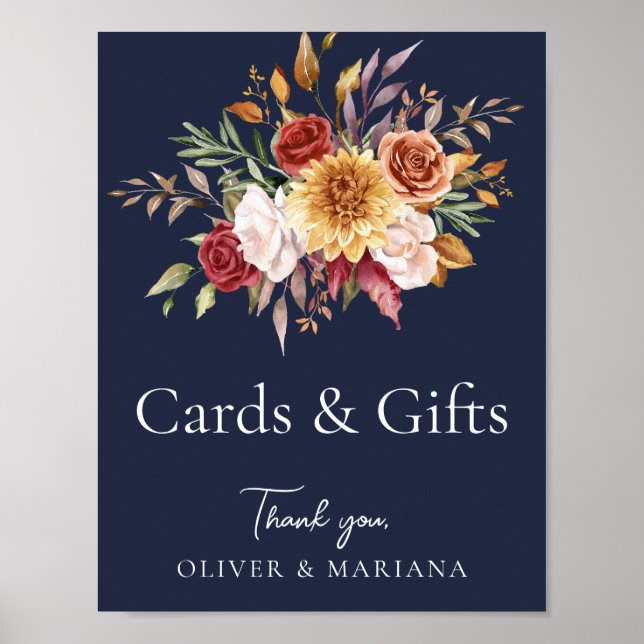 Póster Rótulo de tarjetas y regalos de boda azul de la Ma (Frente)