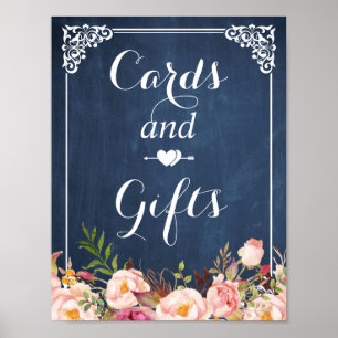 Póster Rótulo de tarjetas y regalos florales Blue Chalkbo