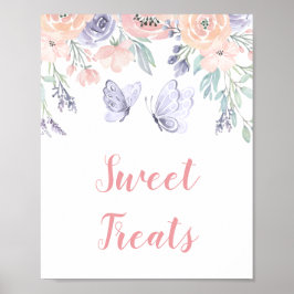 Póster Rótulo de tratamientos dulces con mariposa floral 