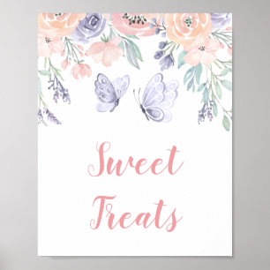Póster Rótulo de tratamientos dulces con mariposa floral 