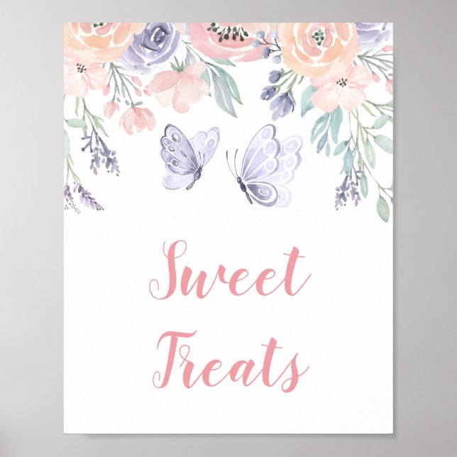 Póster Rótulo de tratamientos dulces con mariposa floral  (Frente)