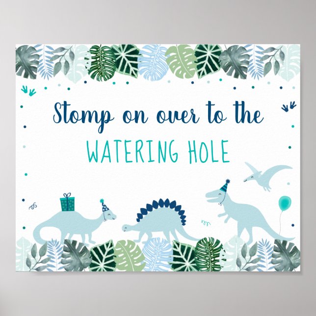 Póster Rótulo del agujero de agua de cumpleaños azul dino (Frente)