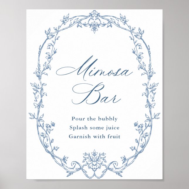 Póster Rótulo del bar Mimosa azul con flores de origen vi (Frente)