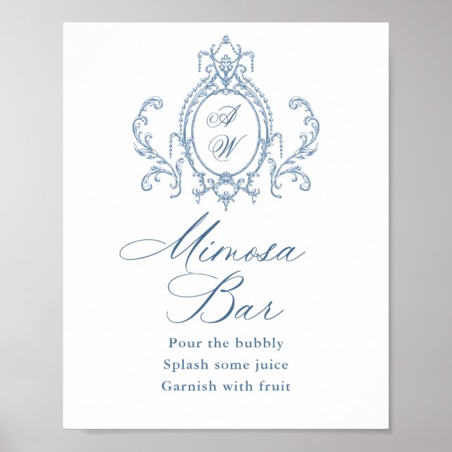 Póster Rótulo del bar Mimosa azul floral de Grace Ornate (Frente)